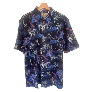 Joe Marlin Hawaiian Shirt Black Funky Flamingo Cocktail Print Cotton Large New